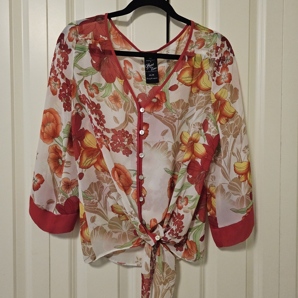 Point Zero Floral Sheer Red Orange White Blouse SZ M